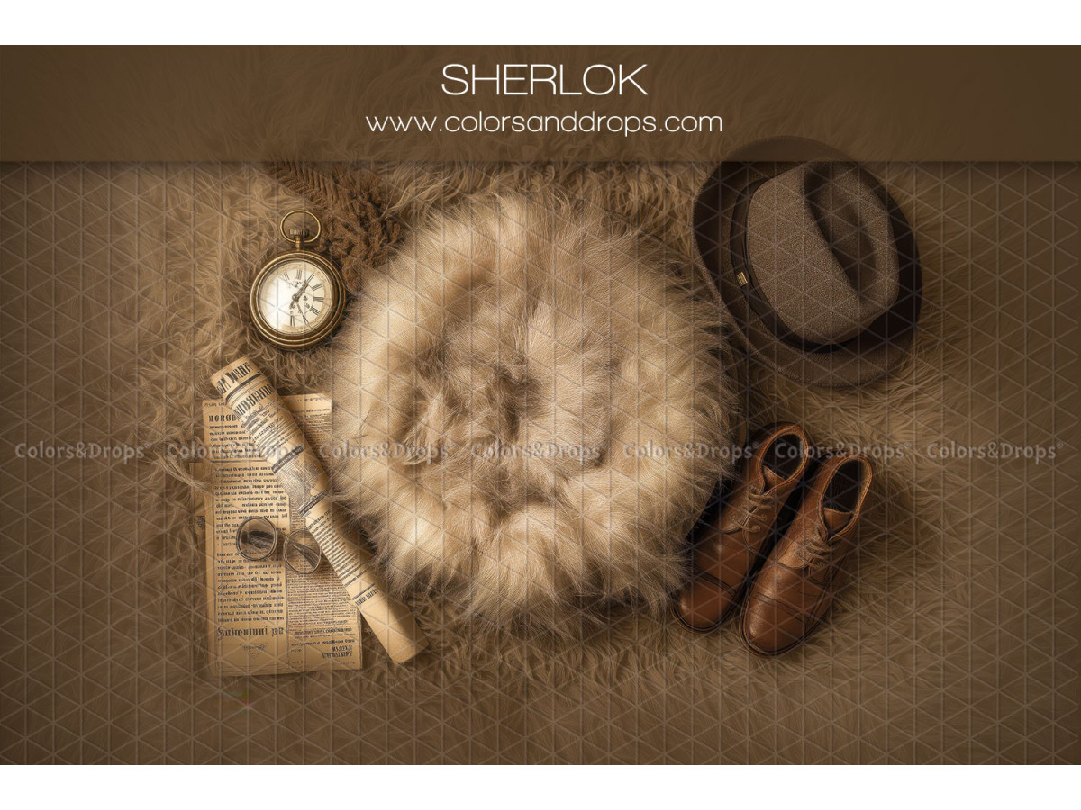 Newborn photo backdrop Sherlok – fur nest with magnifier, newspaper and hat | Colors&Drops
