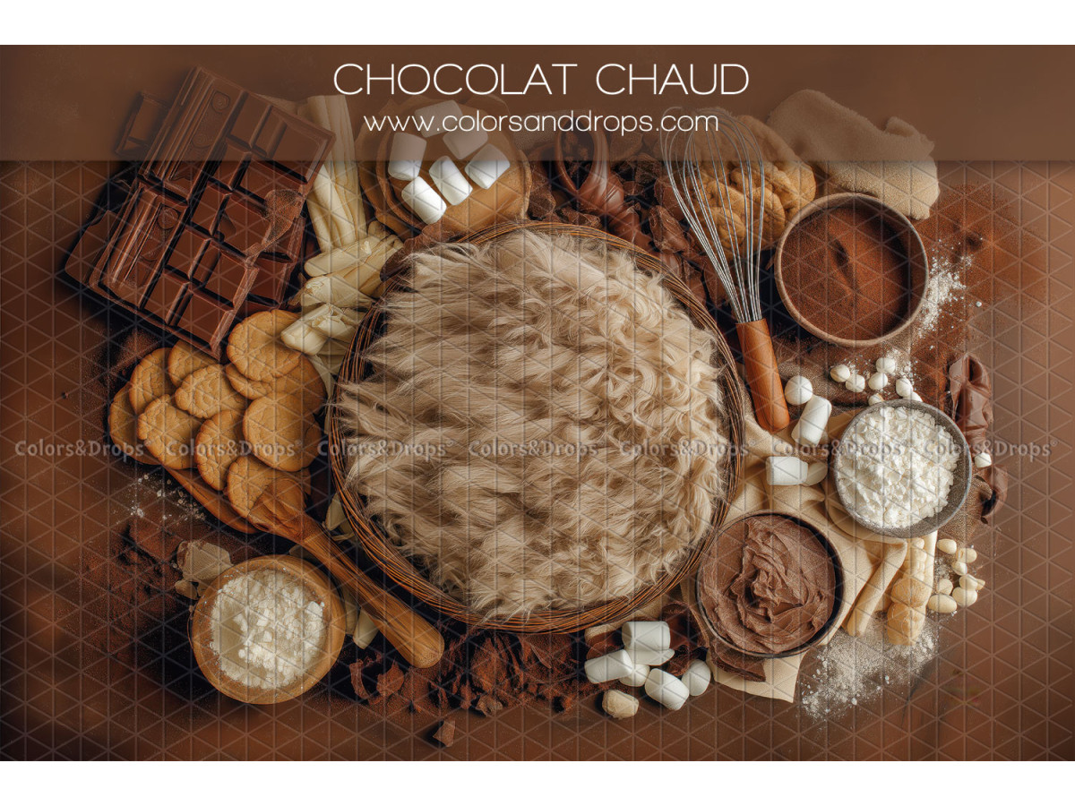 Fondo fotográfico de recién nacido Chocolat Chaud – nido de piel con chocolate y galletas | Colors&Drops