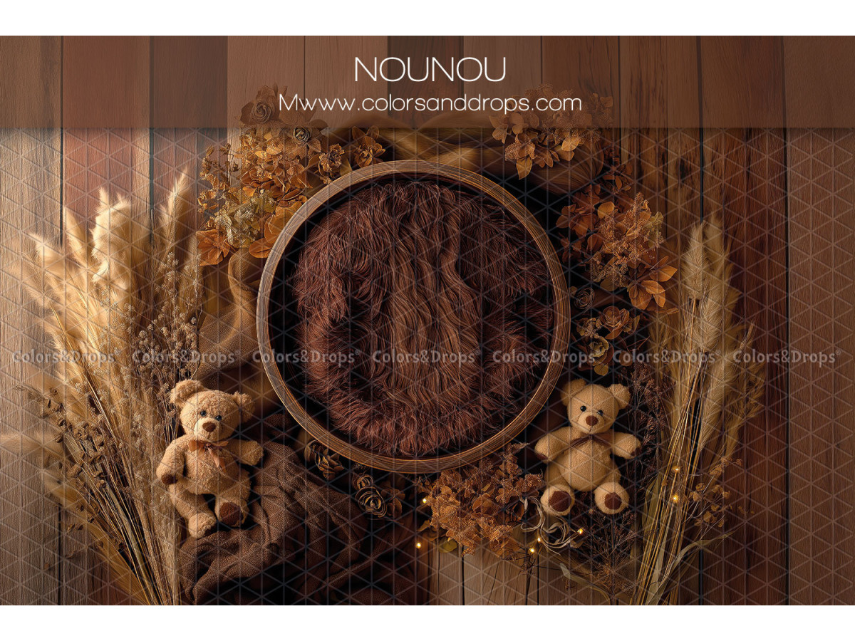 Fondo fotográfico de recién nacido Nounou – cuenco de madera con ositos y trigo seco | Colors&Drops