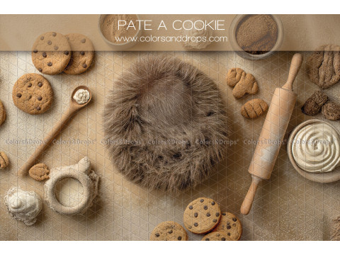 Fond photo nouveau-né Pate a Cookie – nid en fourrure avec biscuits et rouleau à pâtisserie | Colors&Drops
