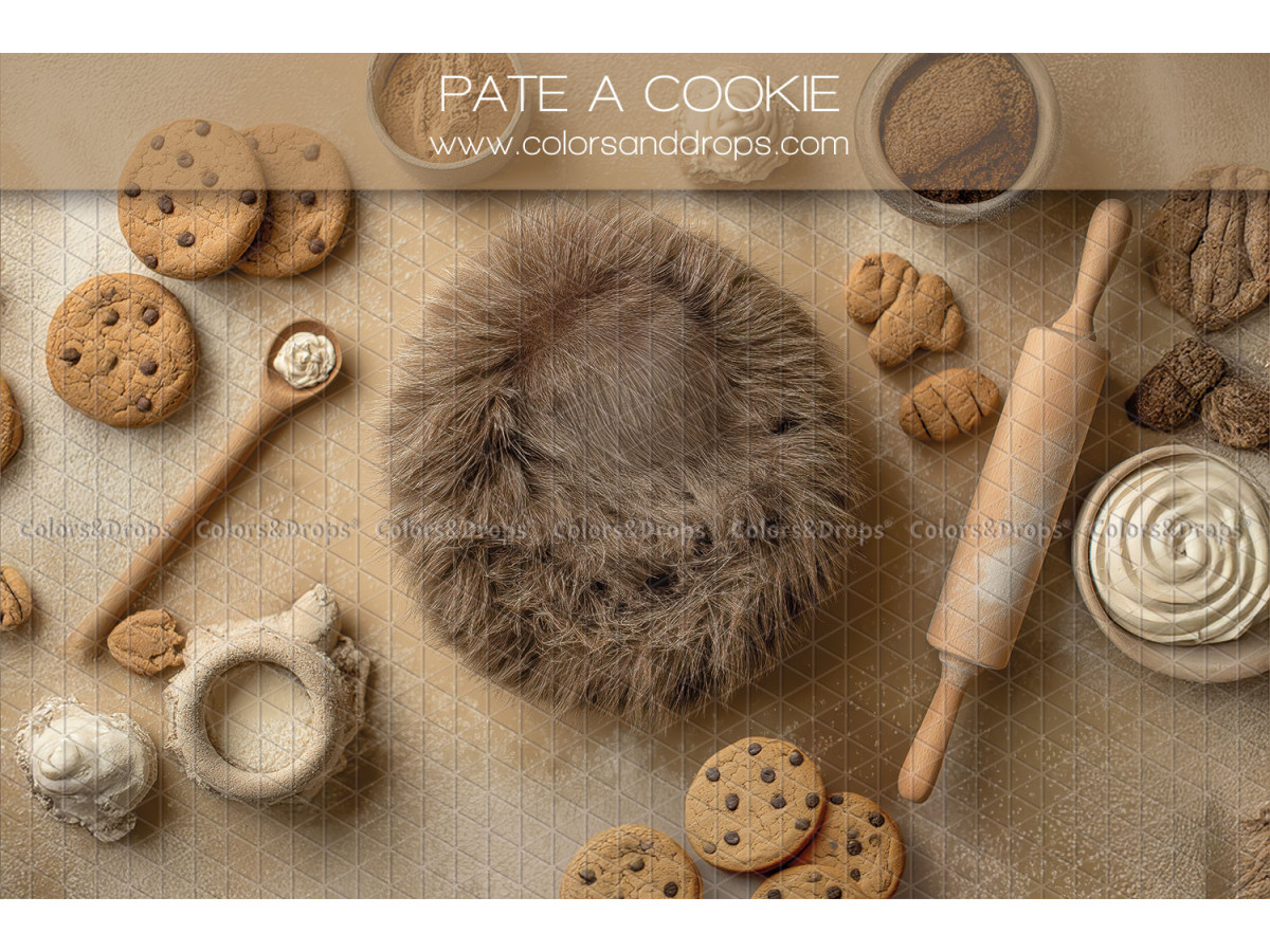 Fond photo nouveau-né Pate a Cookie – nid en fourrure avec biscuits et rouleau à pâtisserie | Colors&Drops