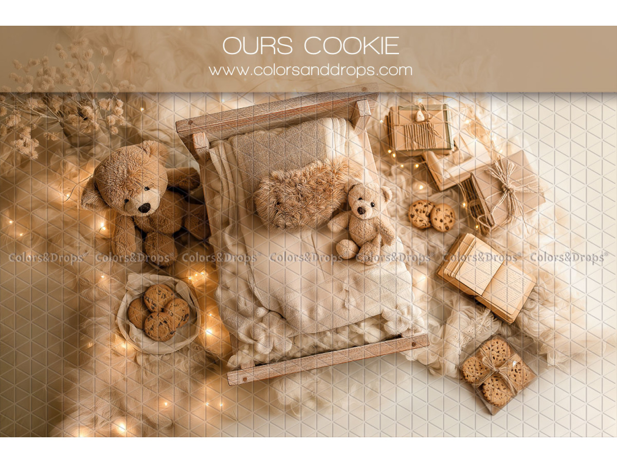 Fondo fotográfico de recién nacido Ours Cookie – cama de madera con osos de peluche y galletas | Colors&Drops