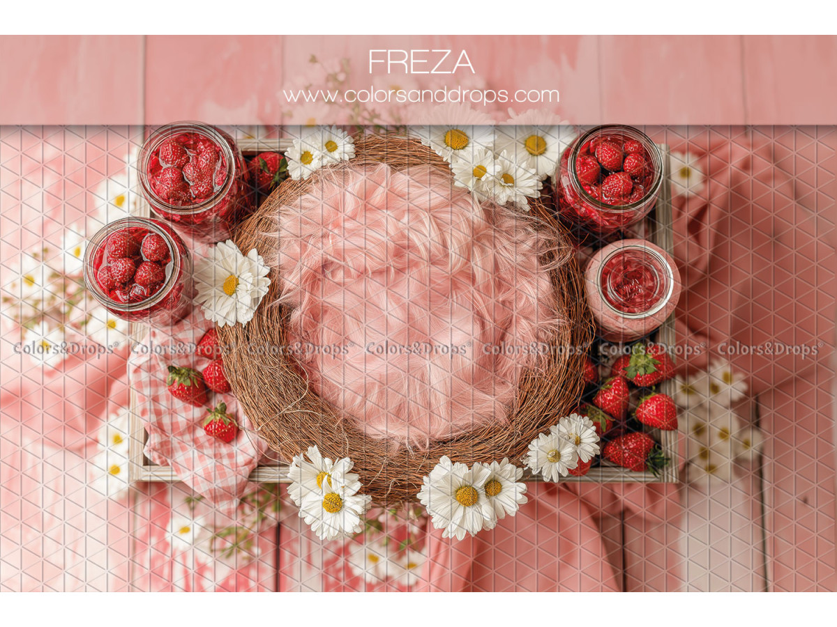 Newborn photo backdrop Freza – wicker nest with strawberries and daisies | Colors&Drops