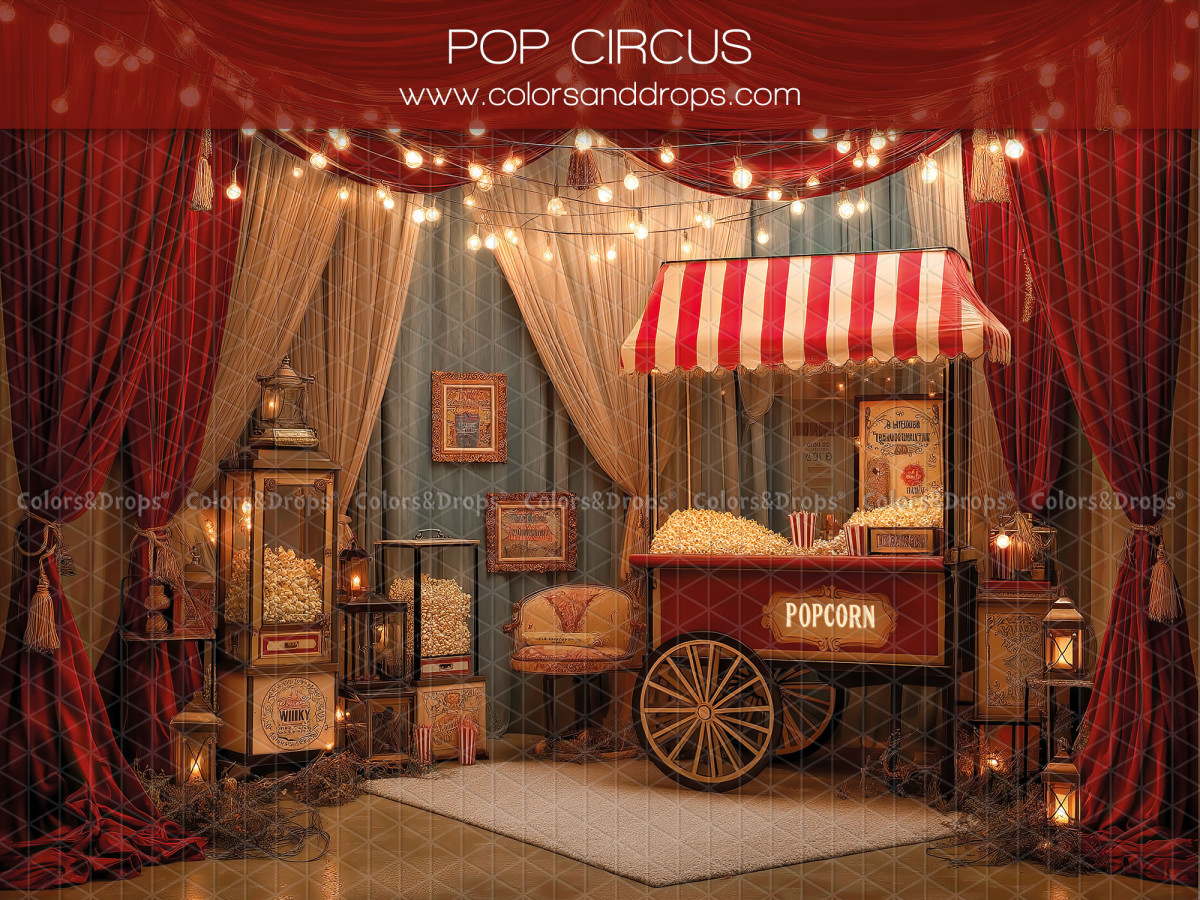 Photo backdrop Pop Circus – popcorn cart under circus tent | Colors&Drops