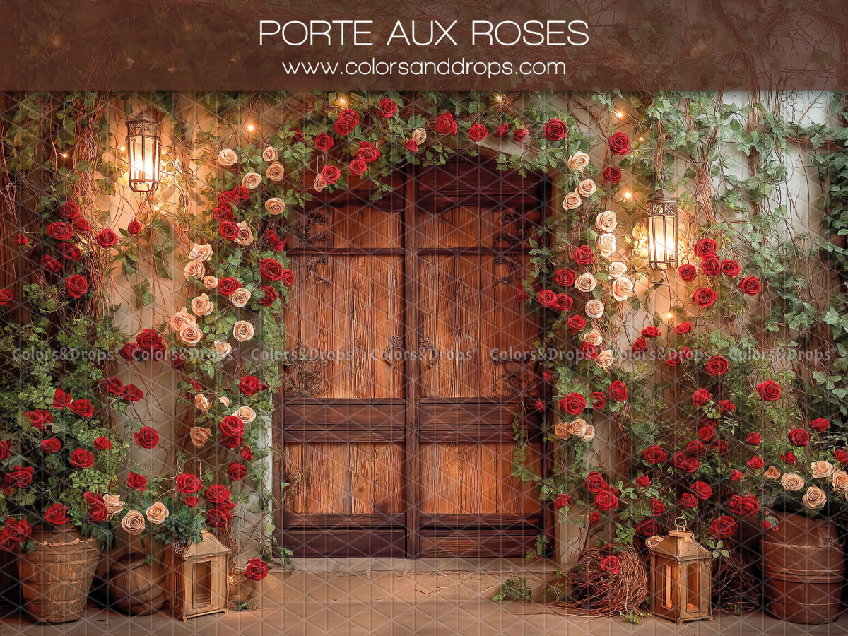 Photo backdrop Porte des Reves – wooden double door with red rose arch | Colors&Drops