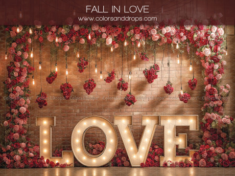 Fondo fotográfico Fall in Love – letras luminosas LOVE con corazones y rosas | Colors&Drops