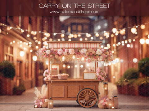 Fondo fotográfico Carry on the Street – carreta florida en una calle iluminada | Colors&Drops