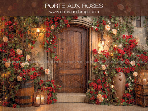Fondo fotográfico Porte aux Roses – puerta arqueada de madera con rosas rojas | Colors&Drops