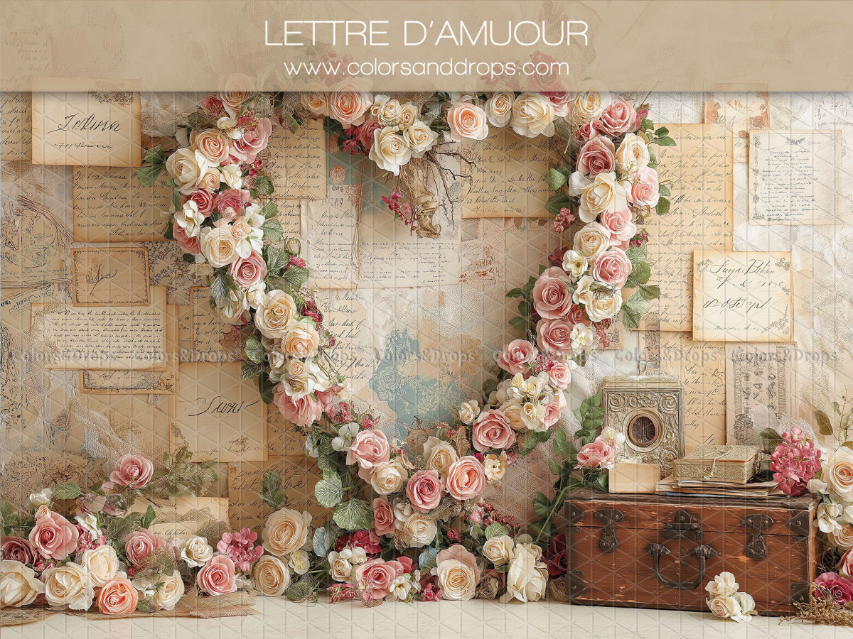 Fondo fotográfico de San Valentín Lettre D'Amour – corazón de rosas sobre pared de cartas de amor | Colors&Drops