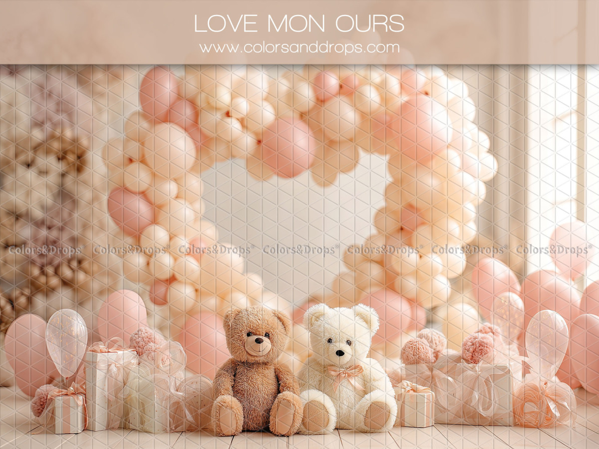Fondo fotográfico Love Mon Ours – arco de globos en forma de corazón con osos de peluche | Colors&Drops