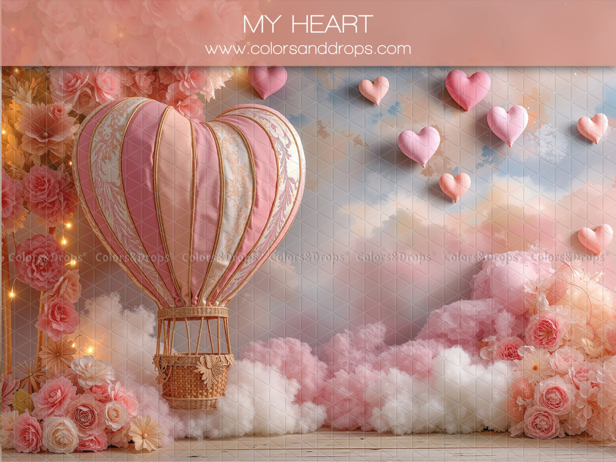 Fondo fotográfico de San Valentín My Heart – globo aerostático de corazón con nubes rosas | Colors&Drops