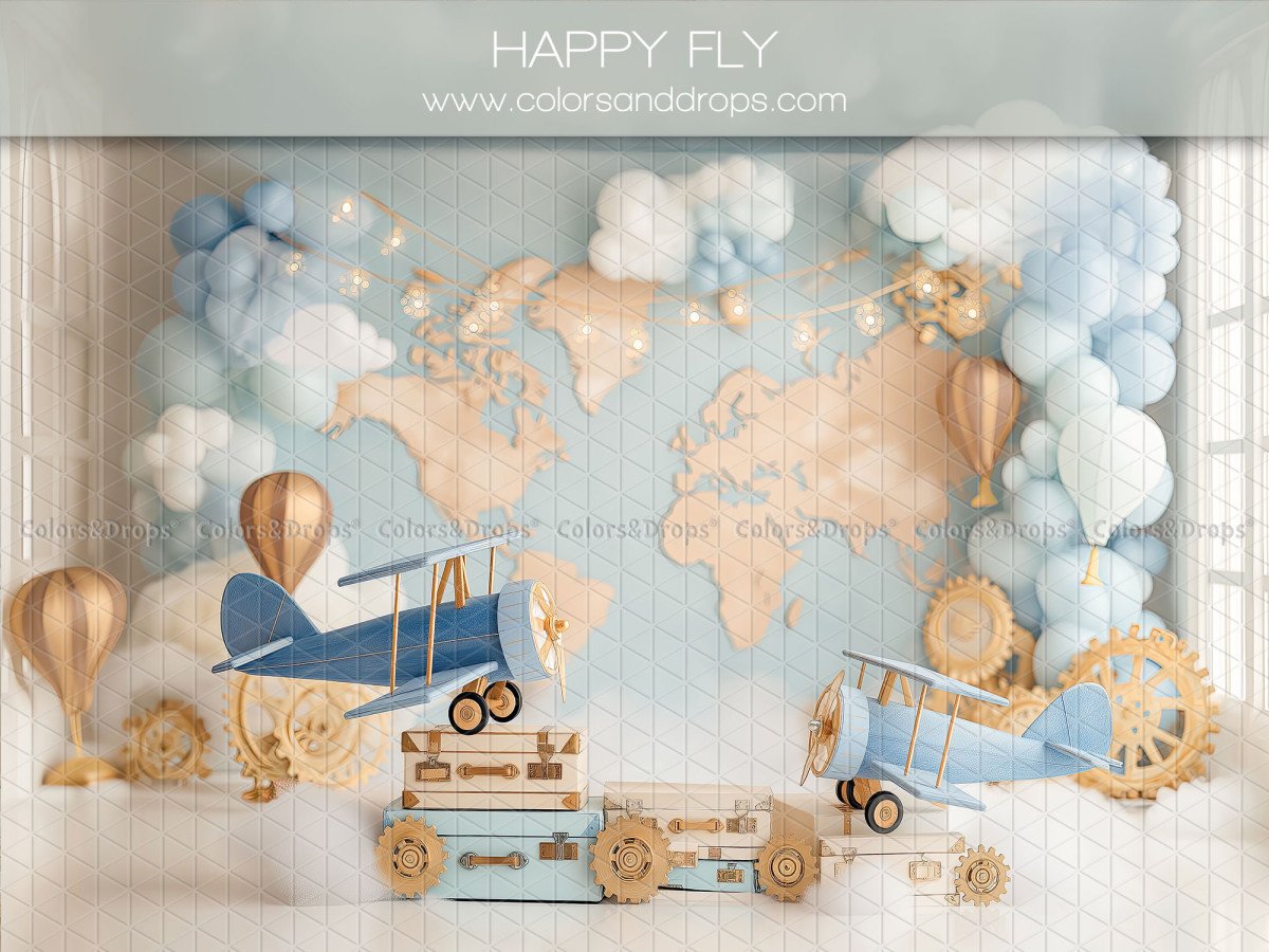 Fondo fotográfico de bebé y smash cake Happy Fly – mapa del mundo con aviones y globos aerostáticos | Colors&Drops