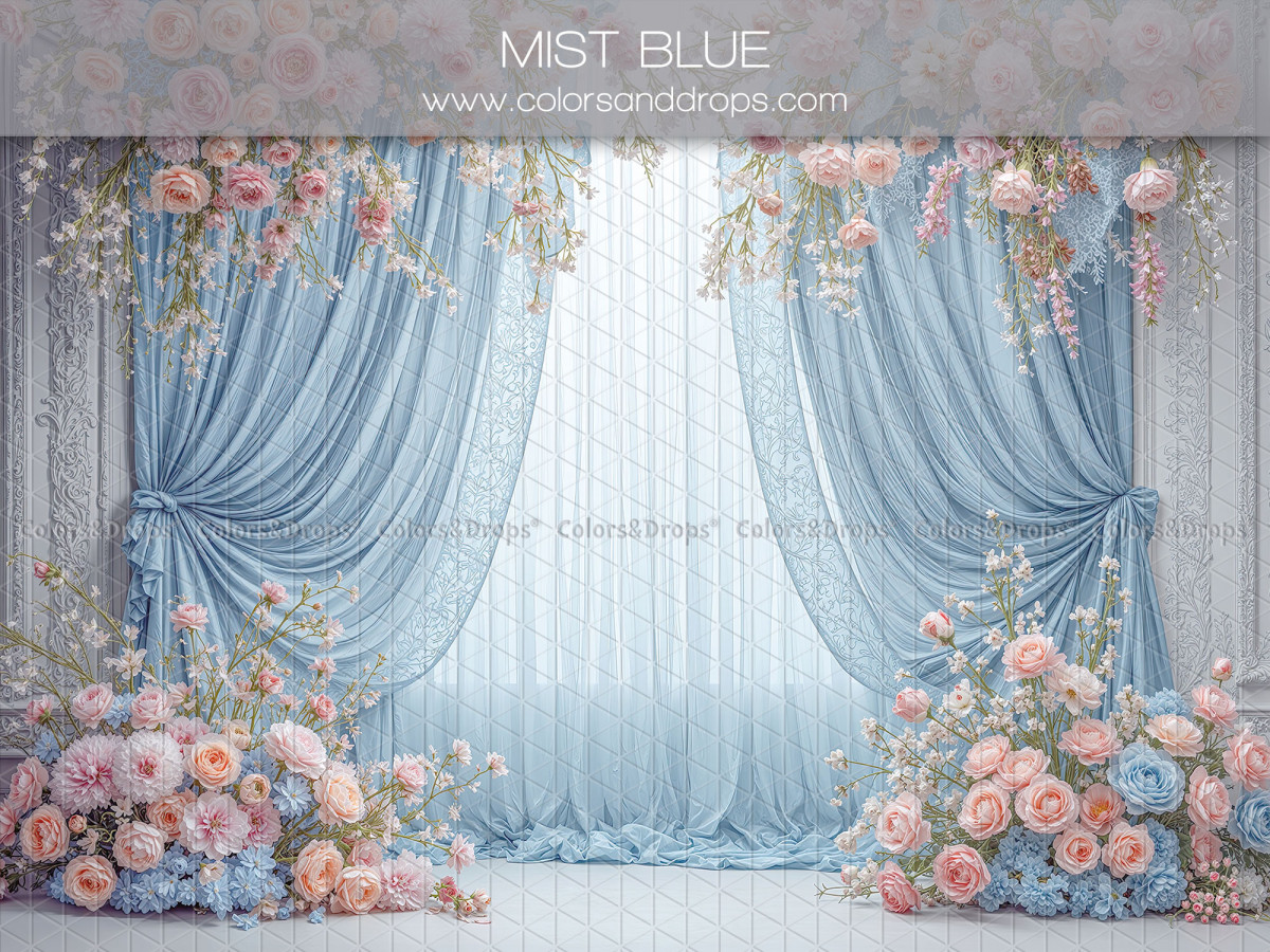 Fond photo grossesse et portrait Mist Blue – rideaux bleus avec bouquets de fleurs pastel | Colors&Drops