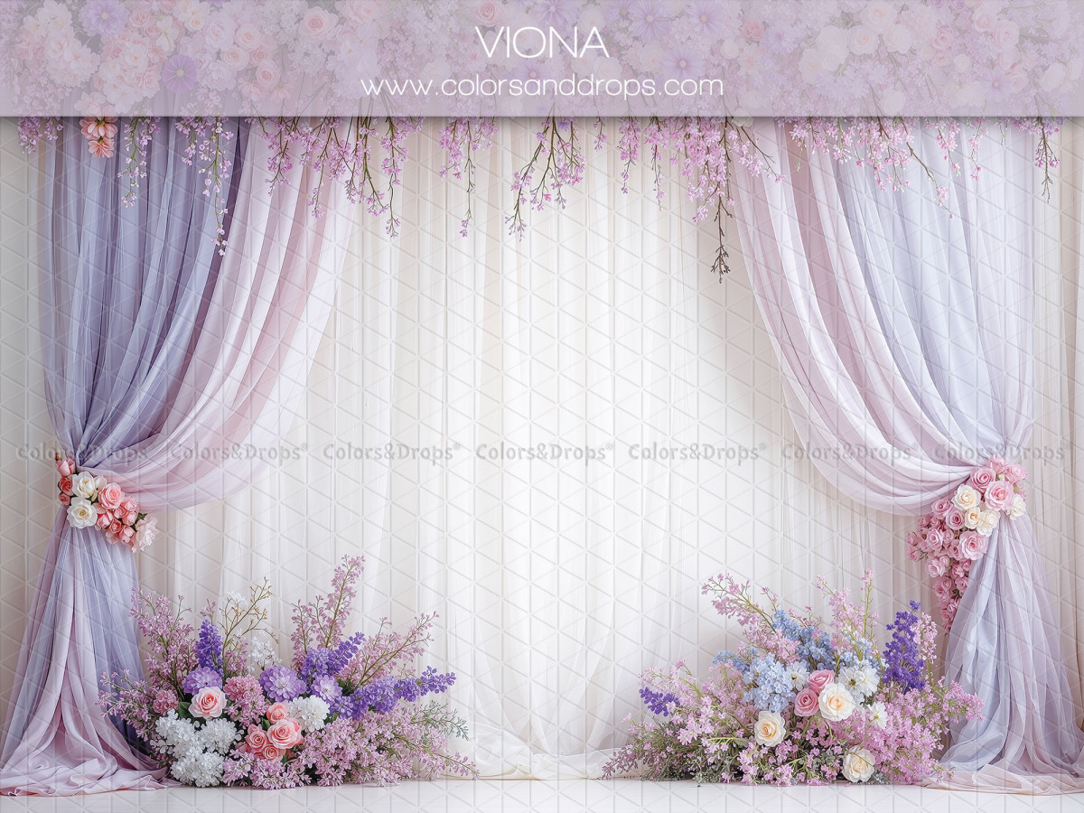 Fond photo grossesse et portrait Viona – rideaux lilas avec fleurs violettes | Colors&Drops