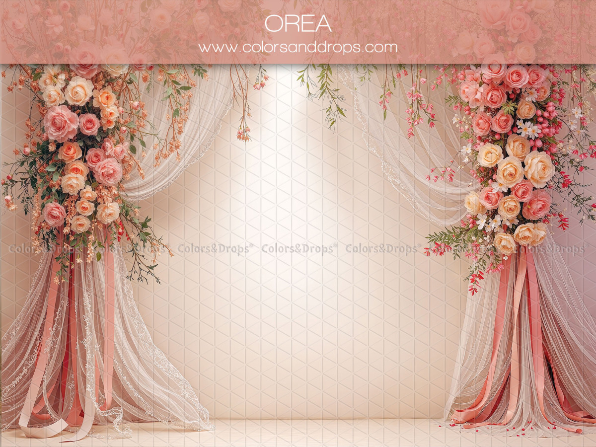 Fond photo grossesse et portrait Orea – voilages crème et roses avec bouquets de roses | Colors&Drops