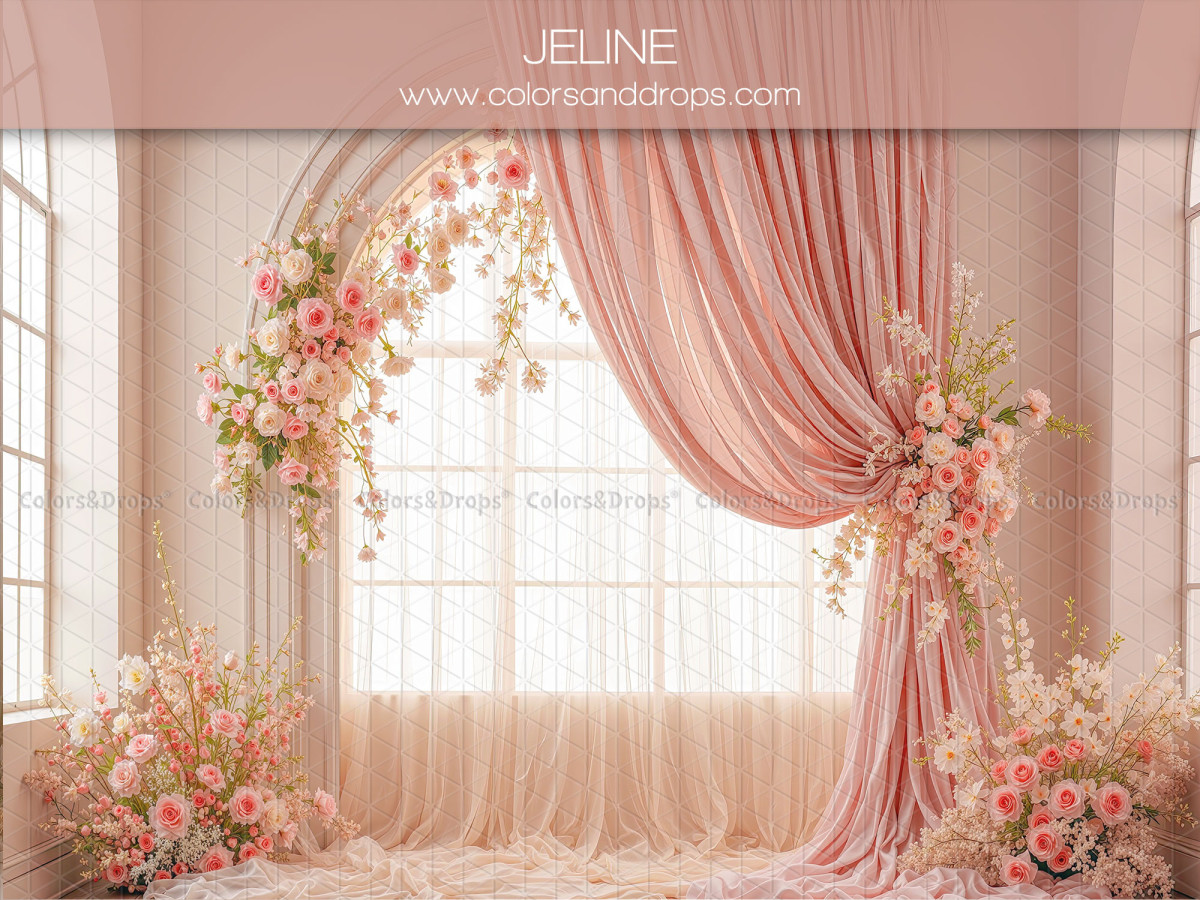 Fondo fotográfico de embarazo y retrato Jeline – cortinas rosas con ventana arqueada y flores | Colors&Drops