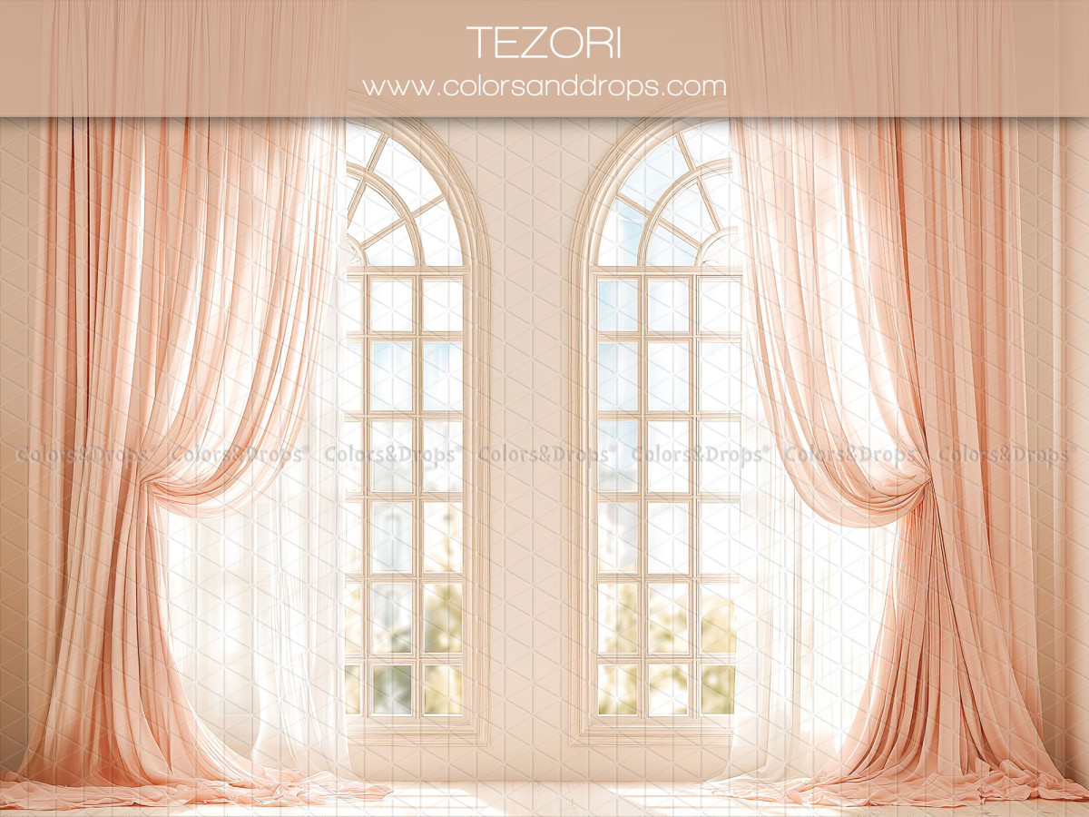 Fondo fotográfico de embarazo y retrato Tezori – cortinas melocotón con ventanas arqueadas | Colors&Drops