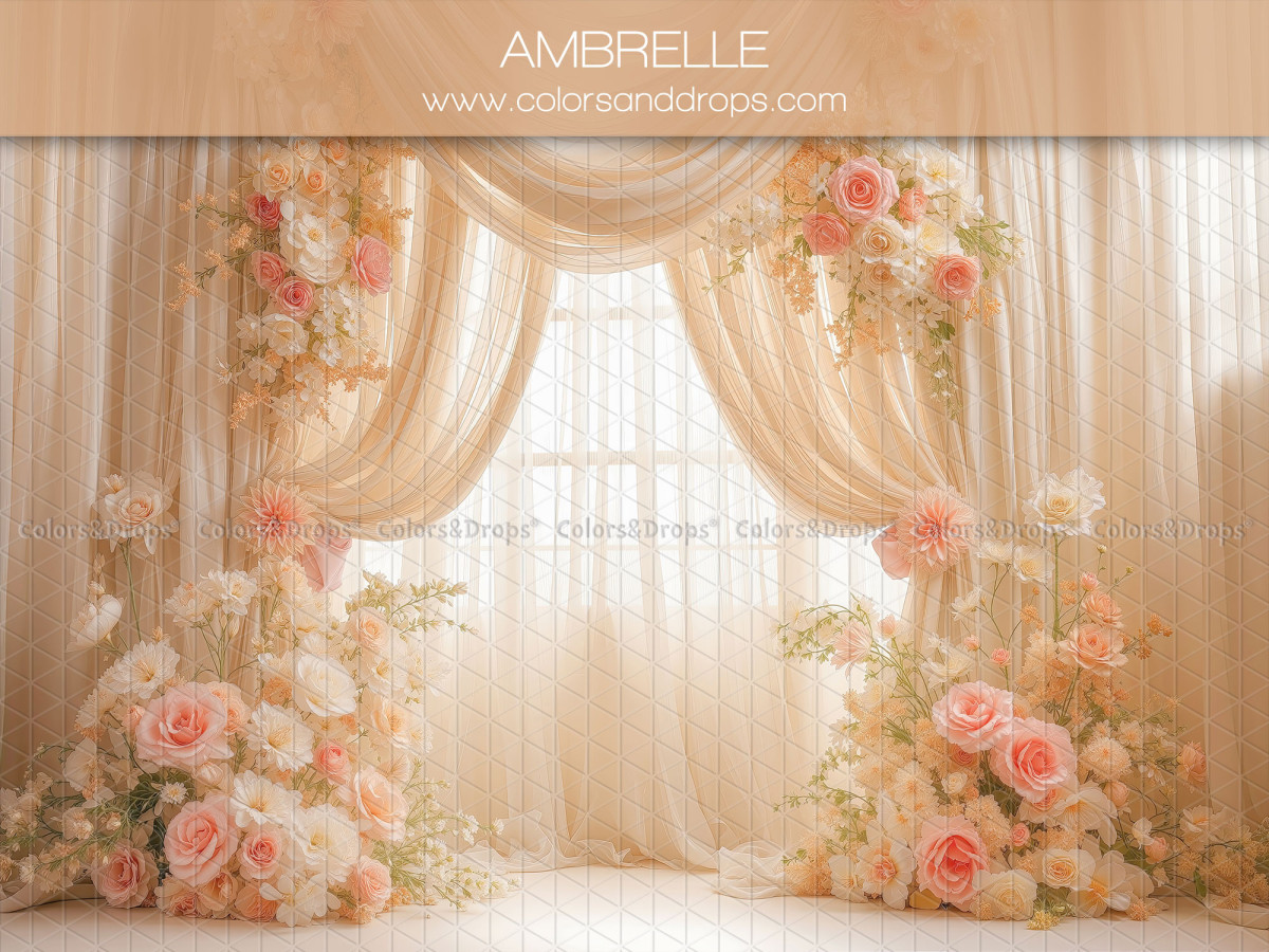 Fond photo grossesse et portrait Ambrelle – voilages crème avec bouquets de roses roses | Colors&Drops