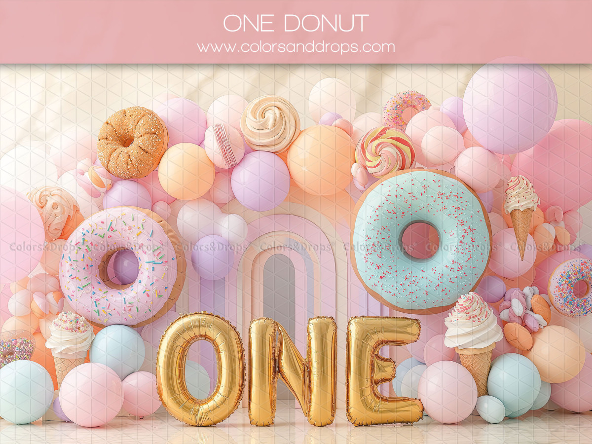 Fondo fotográfico de bebé y smash cake One Donut – globos y donuts gigantes con letras ONE | Colors&Drops