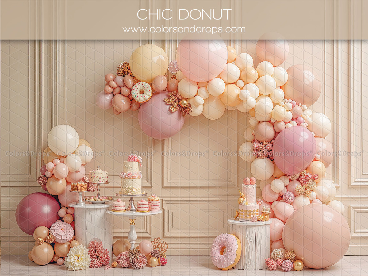 Fondo fotográfico de bebé y smash cake Chic Donut – arco de globos con donuts y pasteles | Colors&Drops