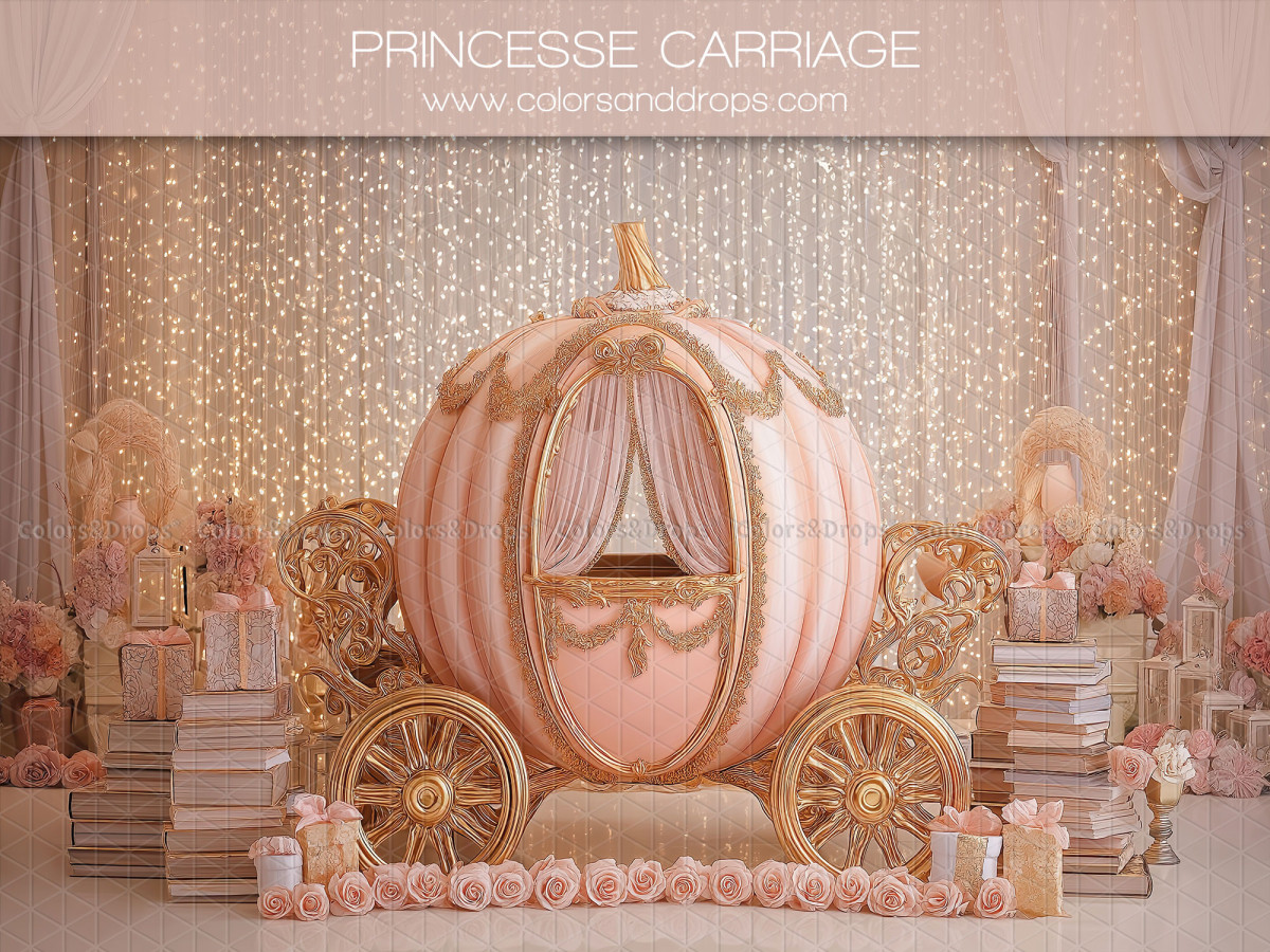 Baby & cake smash photo backdrop Princesse Carriage – pink princess carriage with light curtain | Colors&Drops
