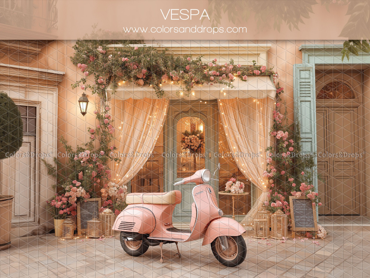 Photo backdrop Vespa – pink scooter in front of flowered façade | Colors&Drops