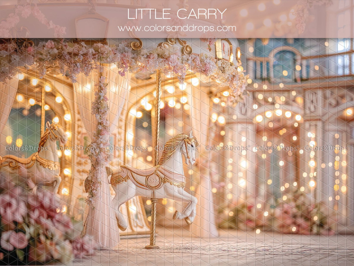 Fondo fotográfico de San Valentín Little Carry – carrusel iluminado con caballos de madera y flores | Colors&Drops