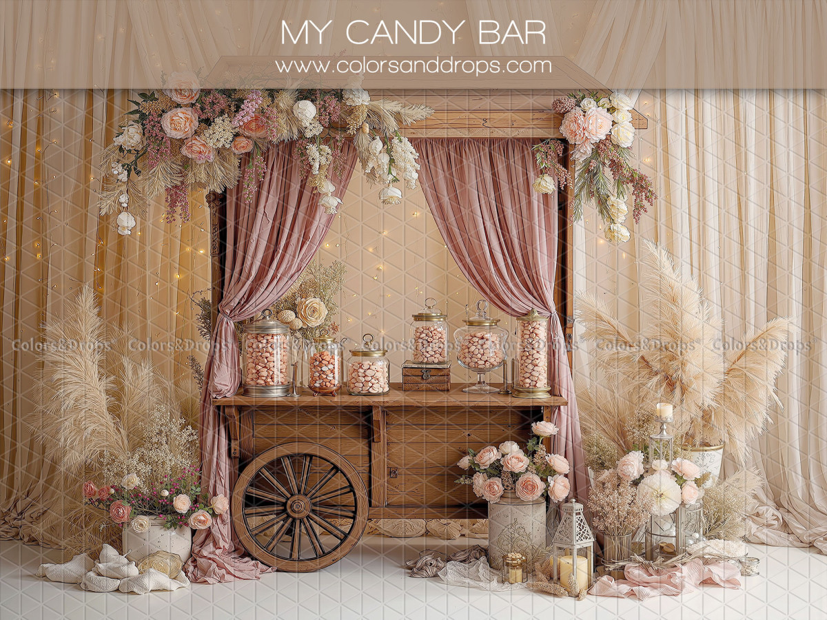 Fondo fotográfico de San Valentín My Candy Bar – carreta de golosinas con cortinas rosas y pampa | Colors&Drops