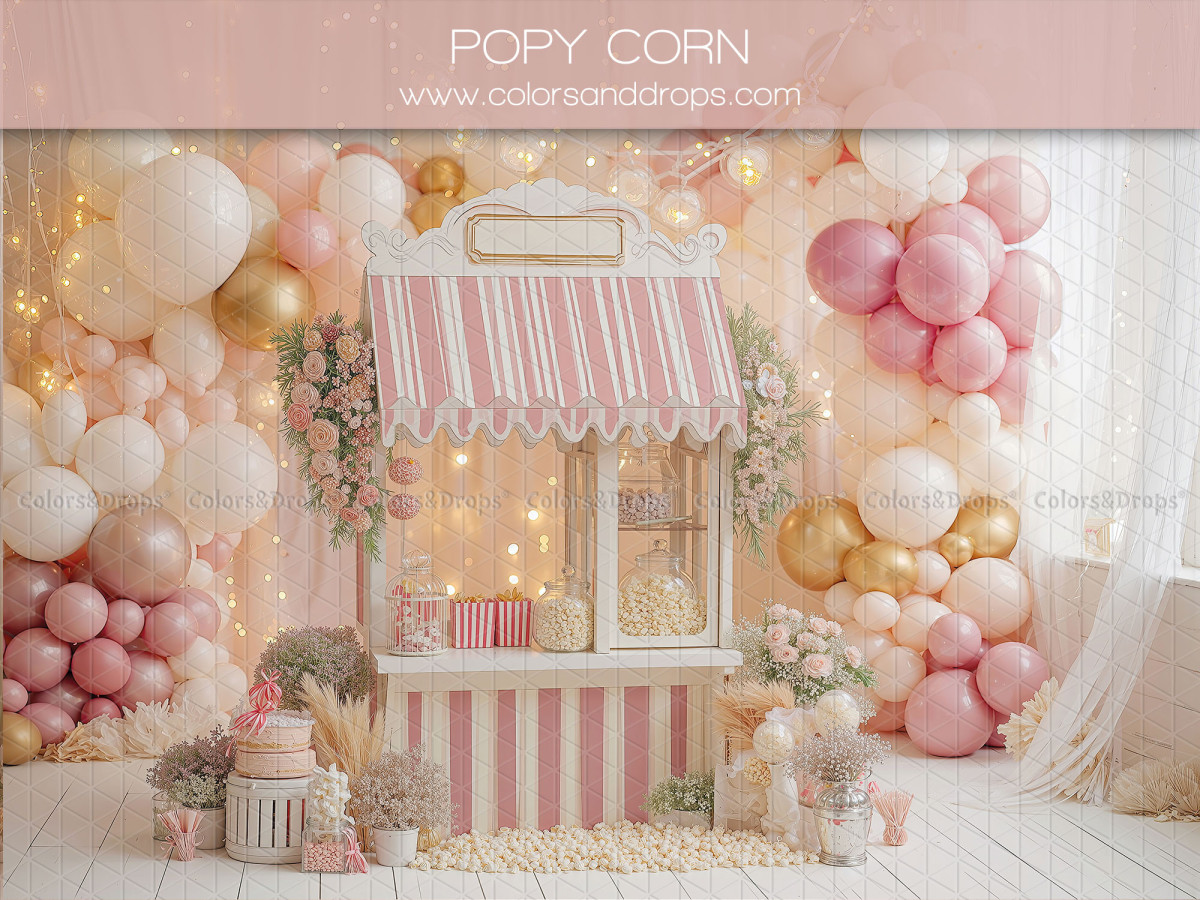 Fondo fotográfico de San Valentín Popcorn – puesto de palomitas rosa con arco de globos | Colors&Drops