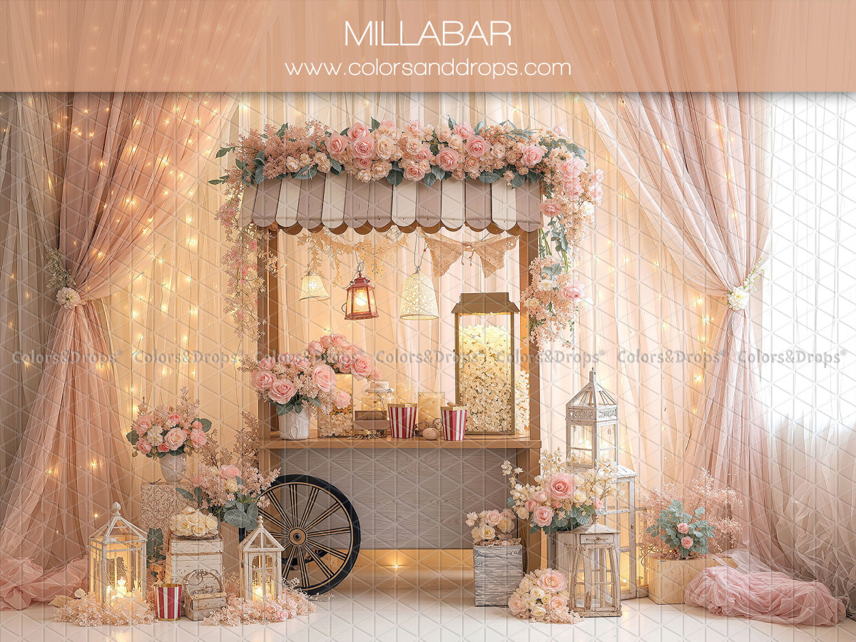 Fondo fotográfico de San Valentín Millabar – carreta florida con cortinas rosas y luces | Colors&Drops