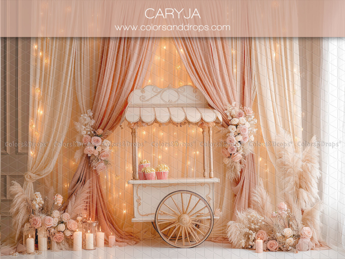Fondo fotográfico de San Valentín Caryja – carreta blanca con cortinas melocotón y velas | Colors&Drops