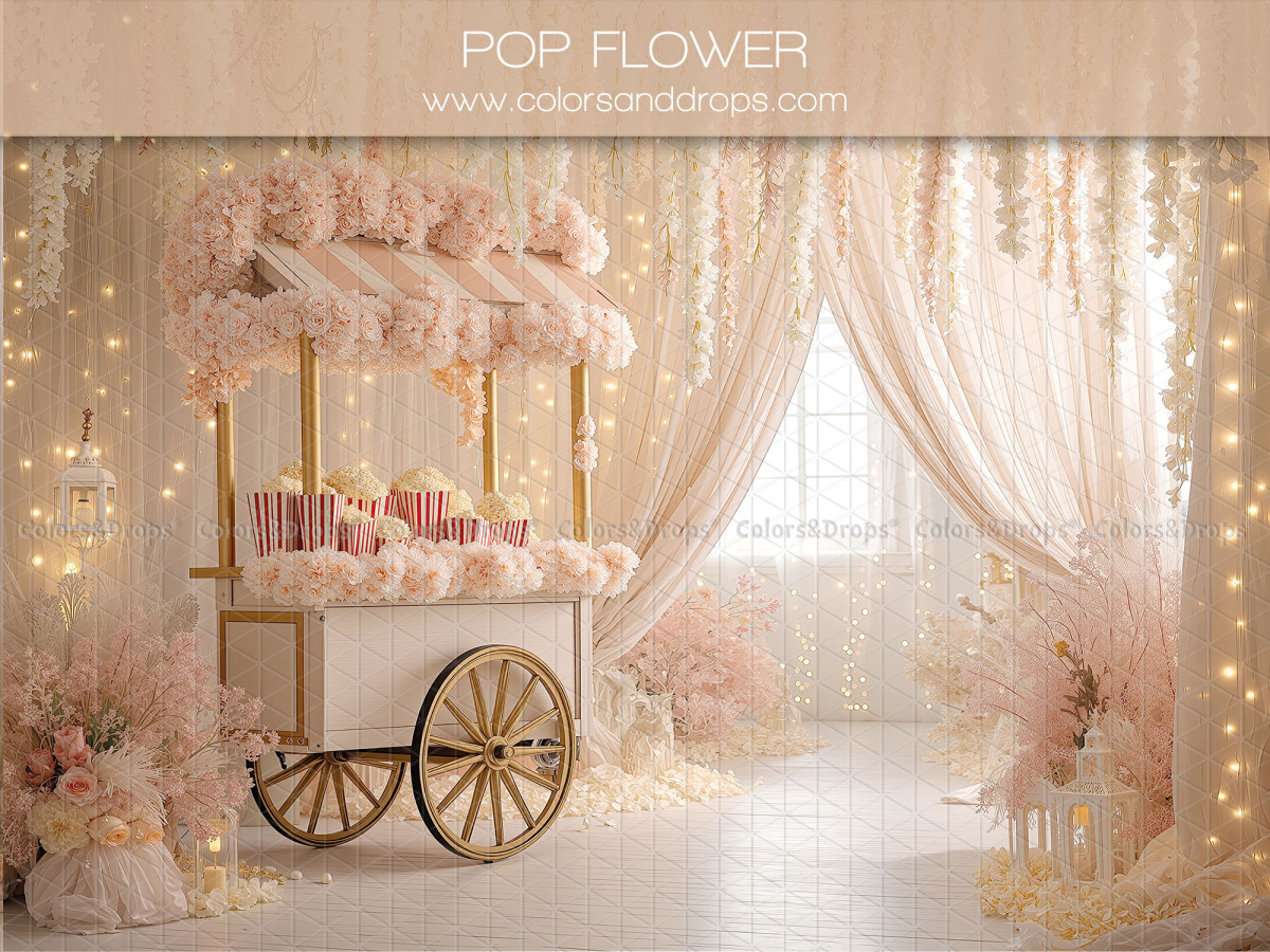 Fondo fotográfico de San Valentín Pop Flower – carreta florida con cortinas crema y luces | Colors&Drops