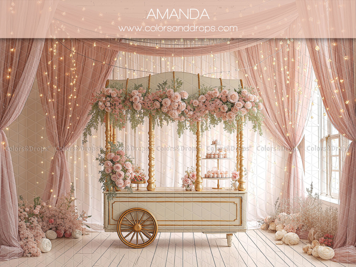 Fondo fotográfico de San Valentín Amanda – carreta florida con cortinas rosas iluminadas | Colors&Drops