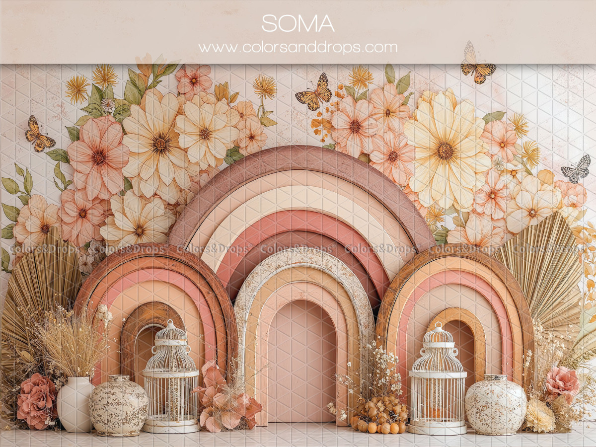 Fond photo bébé et smash cake Soma – arches arc-en-ciel avec fleurs et lanternes | Colors&Drops