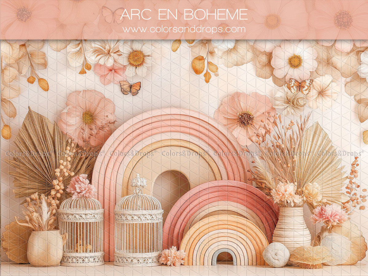 Fond photo bébé et smash cake Arc en Boheme – arc-en-ciel bohème avec fleurs et cages | Colors&Drops