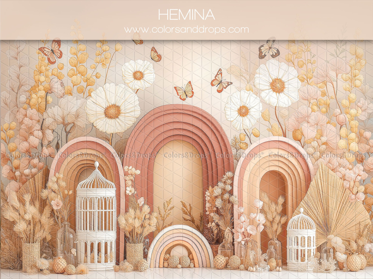 Baby & cake smash photo backdrop Hemina – rainbow arches with daisies and cages | Colors&Drops