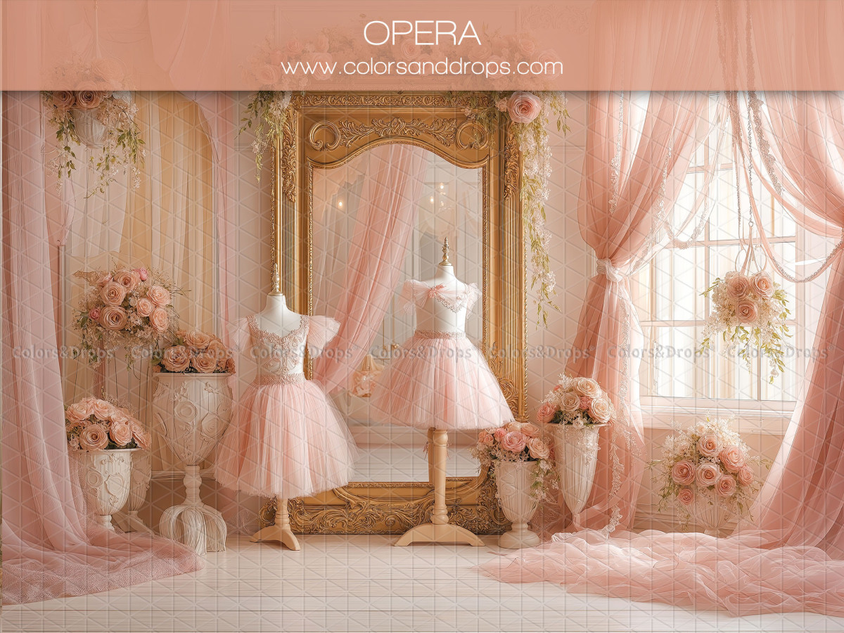 Baby & cake smash photo backdrop Opera – gold mirror and dancer dresses with pink curtains | Colors&Drops