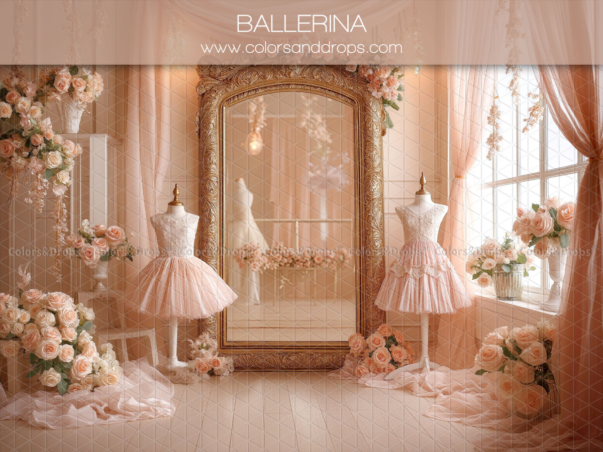 Fond photo bébé et smash cake Ballerina – miroir doré et tutus de ballerine avec fleurs | Colors&Drops