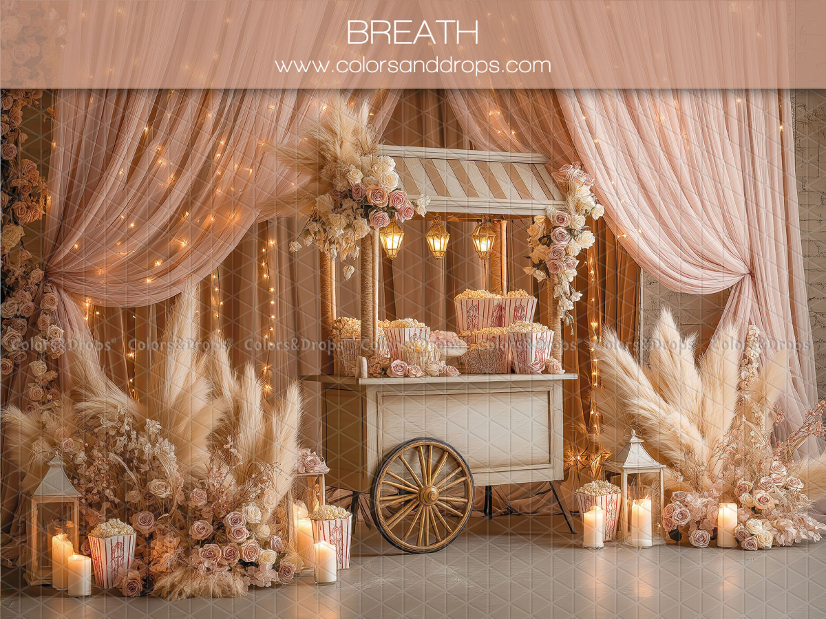 Fondo fotográfico de San Valentín Breath – carreta con pampa y cortinas rosas | Colors&Drops