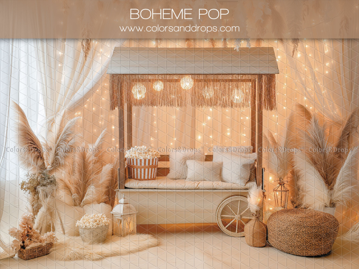 Fondo fotográfico de San Valentín Boheme Pop – puesto bohemio con pampa y cortinas de luces | Colors&Drops