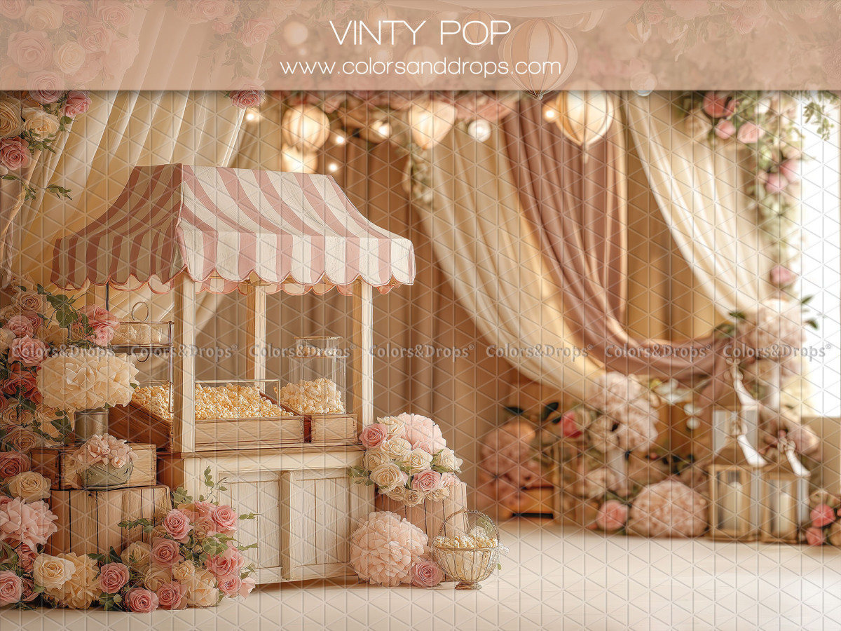 Fondo fotográfico de San Valentín Vinty Pop – puesto de palomitas a rayas rosa con flores | Colors&Drops