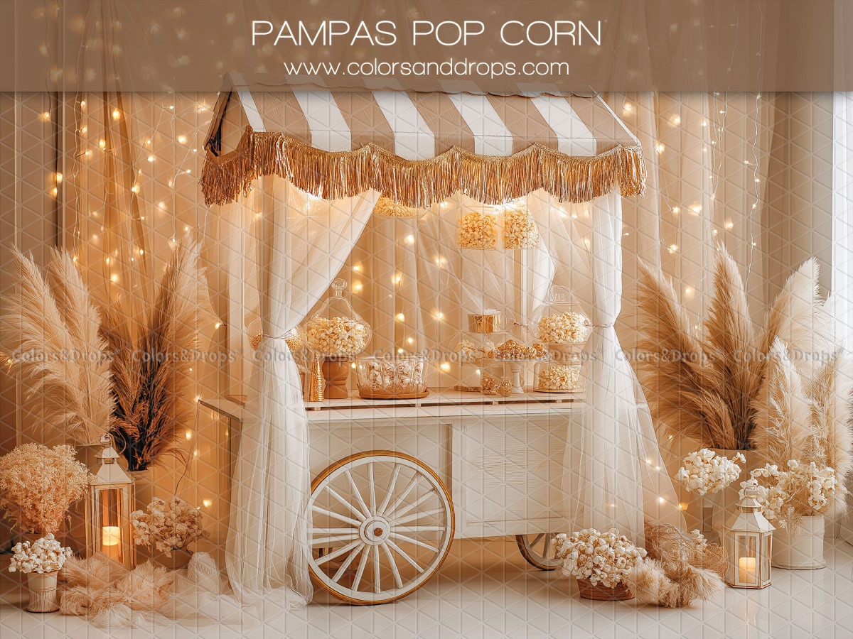 Valentine's Day photo backdrop Pampas Pop Corn – popcorn cart with pampas and lights | Colors&Drops