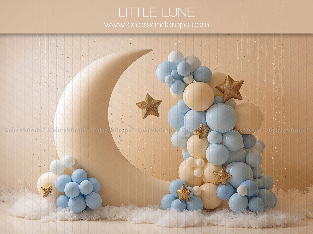 Fond photo bébé et smash cake Little Lune – lune crème avec ballons bleus et étoiles | Colors&Drops