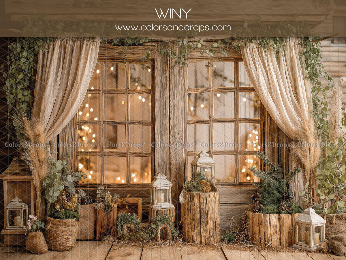 Fondo fotográfico de bebé y smash cake Winy – ventanas de madera con cortinas crema y faroles | Colors&Drops