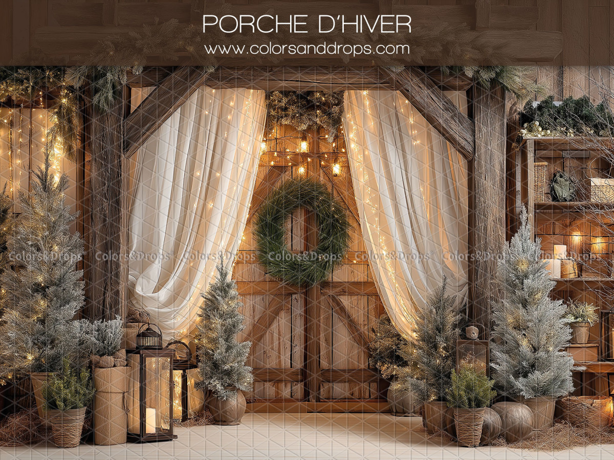 Photo backdrop Porche D'Hiver – wooden winter porch with wreath and sheers | Colors&Drops