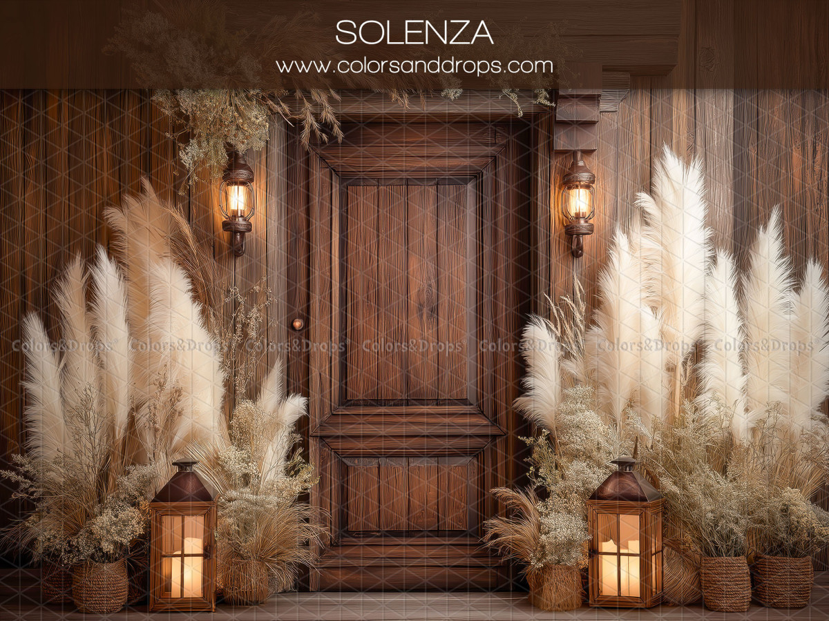 Photo backdrop Solenza – wooden door with pampas and lanterns | Colors&Drops