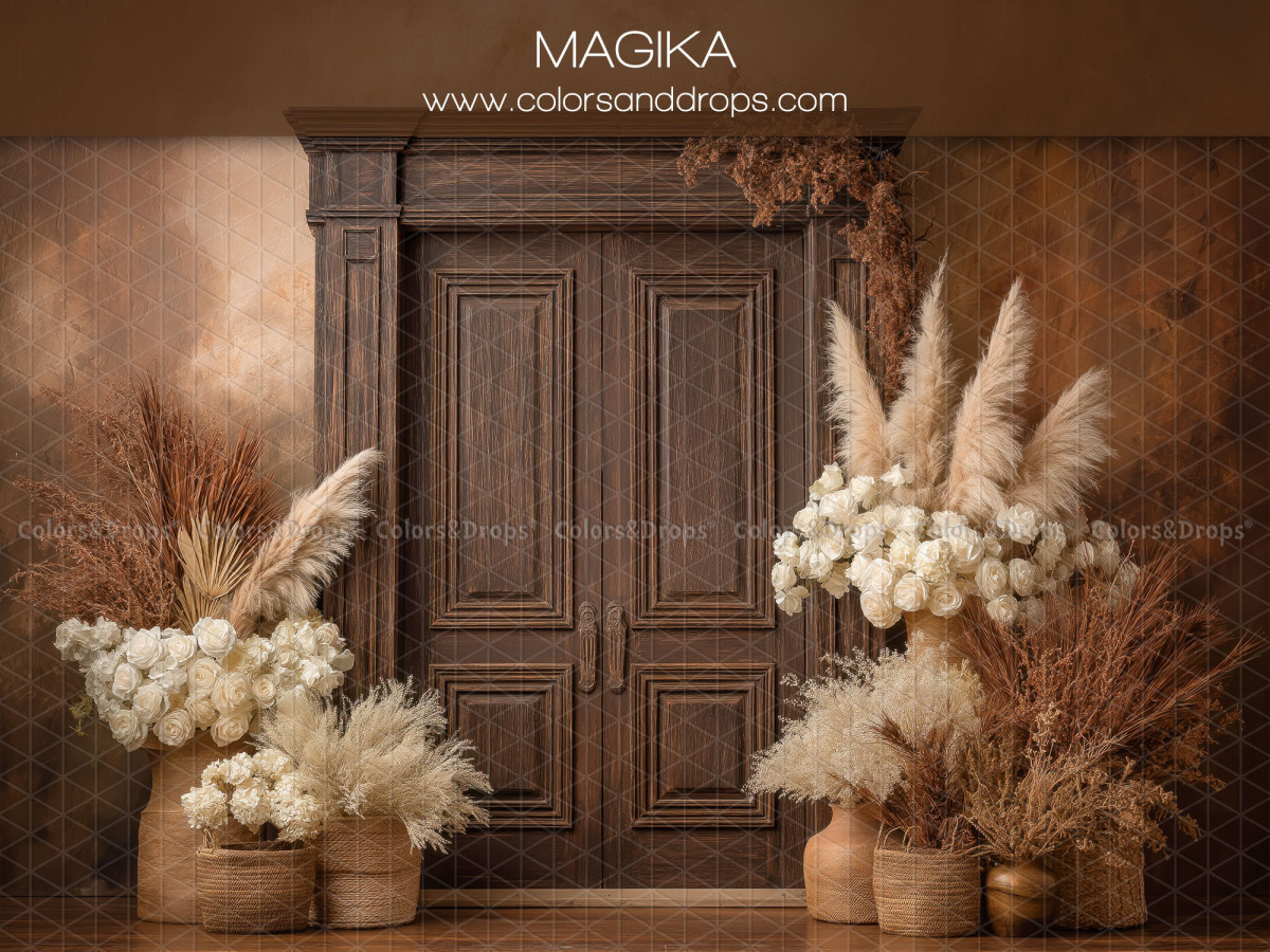 Photo backdrop Magika – wooden door with hydrangeas and pampas | Colors&Drops