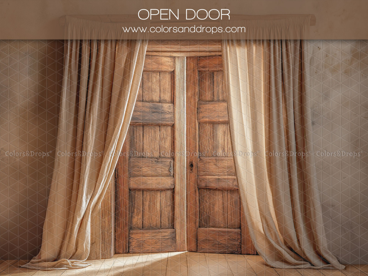 Photo backdrop Open Door – closed double wooden door between linen curtains | Colors&Drops