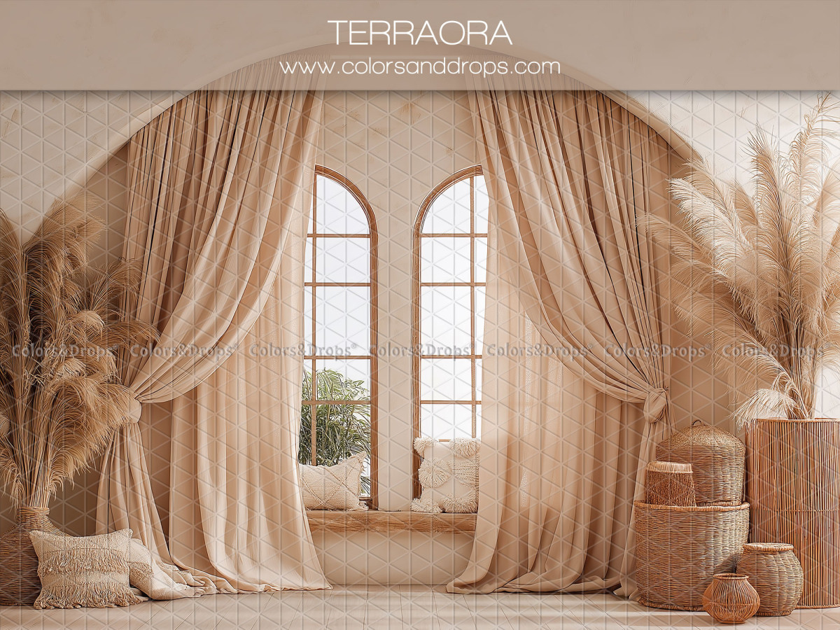 Fondo fotográfico de embarazo y retrato Terraora – cortinas beige y ventanas arqueadas con pampa | Colors&Drops