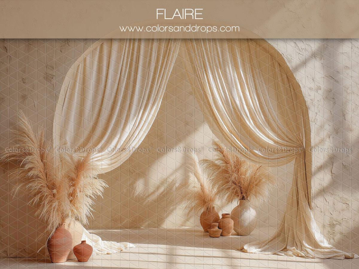 Maternity & portrait photo backdrop Flaire – draped cream sheers with pampas vases | Colors&Drops